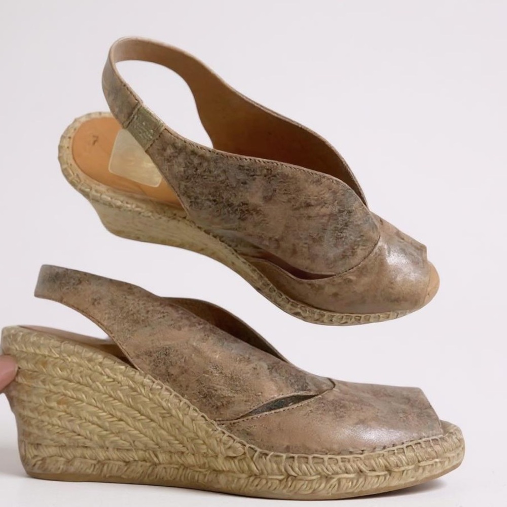 KANNA Wedge Sandals Leather Gold Tan Espadrille Slingback Size 9.5 Platform